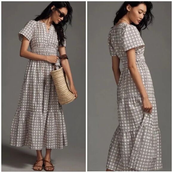 Anthropologie The Somerset Crimson Maxi Dress White Brown Size Small Tiered - Picture 1 of 8